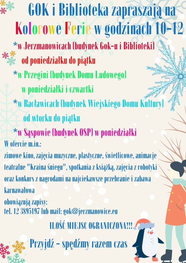 GOK i Biblioteka zapraszają dzieci do swoich placówek na kolorowe ferie od 17 do 28 stycznia 2022